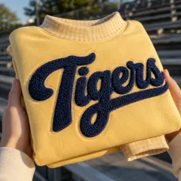 Butter Yellow gingham mockneck with Tigers in raised chenille script