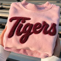 Light Pink gingham mockneck with Tigers in raised chenille script