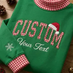 Christmas Custom Text Mockneck — Any Word in Gingham Letters, Santa Hat on Top thumbnail 2