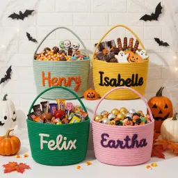 Halloween Treat Basket — Rope Basket, Their Name in Chunky Yarn thumbnail 3