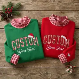 Christmas Custom Text Mockneck — Any Word in Gingham Letters, Santa Hat on Top thumbnail 4