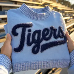 Light Blue gingham mockneck with Tigers in raised chenille script
