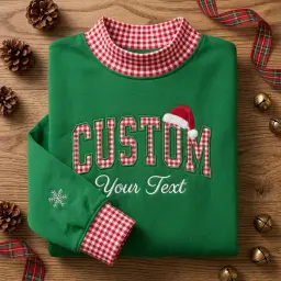 Christmas Custom Text Mockneck — Any Word in Gingham Letters, Santa Hat on Top thumbnail 5