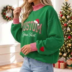 Christmas Custom Text Mockneck — Any Word in Gingham Letters, Santa Hat on Top thumbnail 3