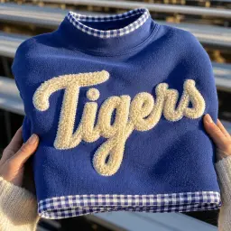 Cobalt Blue gingham mockneck with Tigers in raised chenille script