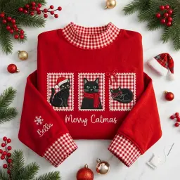 Merry Catmas Mockneck — Three Stitched Cats, Their Name on the Sleeve thumbnail 1