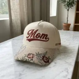 Cream cap with floral tapestry brim and embroidered text