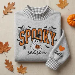 Spooky Season Mockneck — Ghost Appliqué, Their Name on the Sleeve thumbnail 1