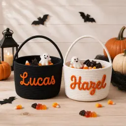 Halloween Treat Basket — Rope Basket, Their Name in Chunky Yarn thumbnail 6