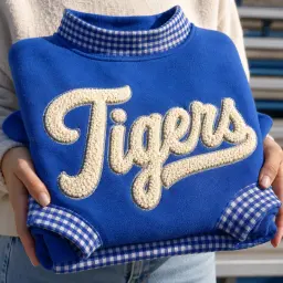 Royal Blue gingham mockneck with Tigers in raised chenille script