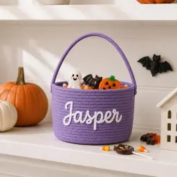 Halloween Treat Basket — Rope Basket, Their Name in Chunky Yarn thumbnail 4