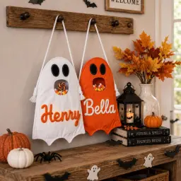 Ghost Treat Bag — Their Name in Chunky Yarn, Ready for the Door thumbnail 6