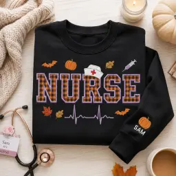 Nurse Crewneck — Plaid Appliqué Letters, Their Name on the Sleeve thumbnail 8