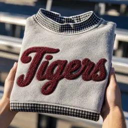 Close-up of raised chenille script lettering on a mockneck sweatshirt