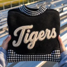 Black gingham mockneck with Tigers in raised chenille script