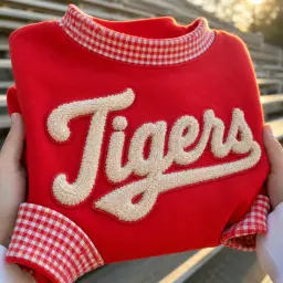 Red gingham mockneck with Tigers in raised chenille script