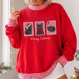 Merry Catmas Mockneck — Three Stitched Cats, Their Name on the Sleeve thumbnail 5