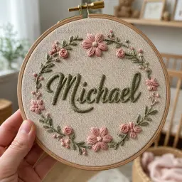 Close-up of a name hand-stitched in satin stitch inside a wooden embroidery hoop
