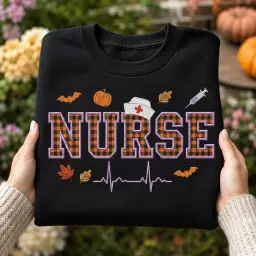Nurse Crewneck — Plaid Appliqué Letters, Their Name on the Sleeve thumbnail 5