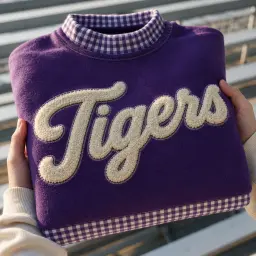 Purple gingham mockneck with Tigers in raised chenille script