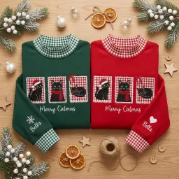Merry Catmas Mockneck — Three Stitched Cats, Their Name on the Sleeve thumbnail 3
