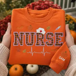 Nurse Crewneck — Plaid Appliqué Letters, Their Name on the Sleeve thumbnail 2