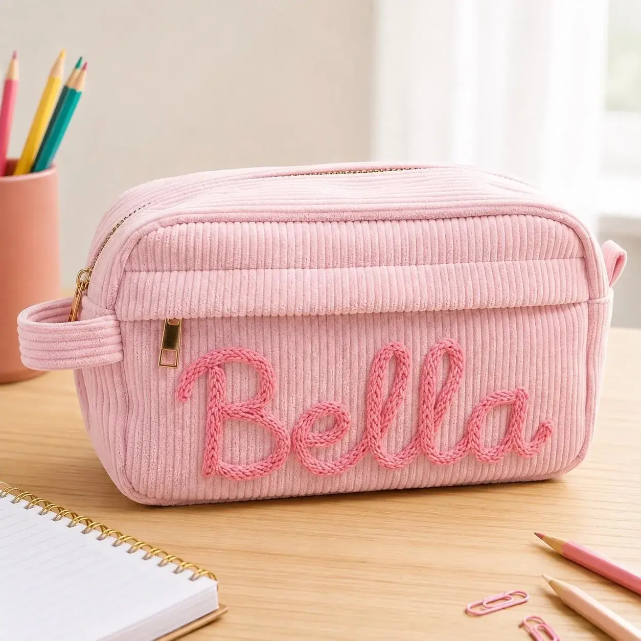 Corduroy Pencil Case — Their Name in Chunky Yarn, First Day Ready