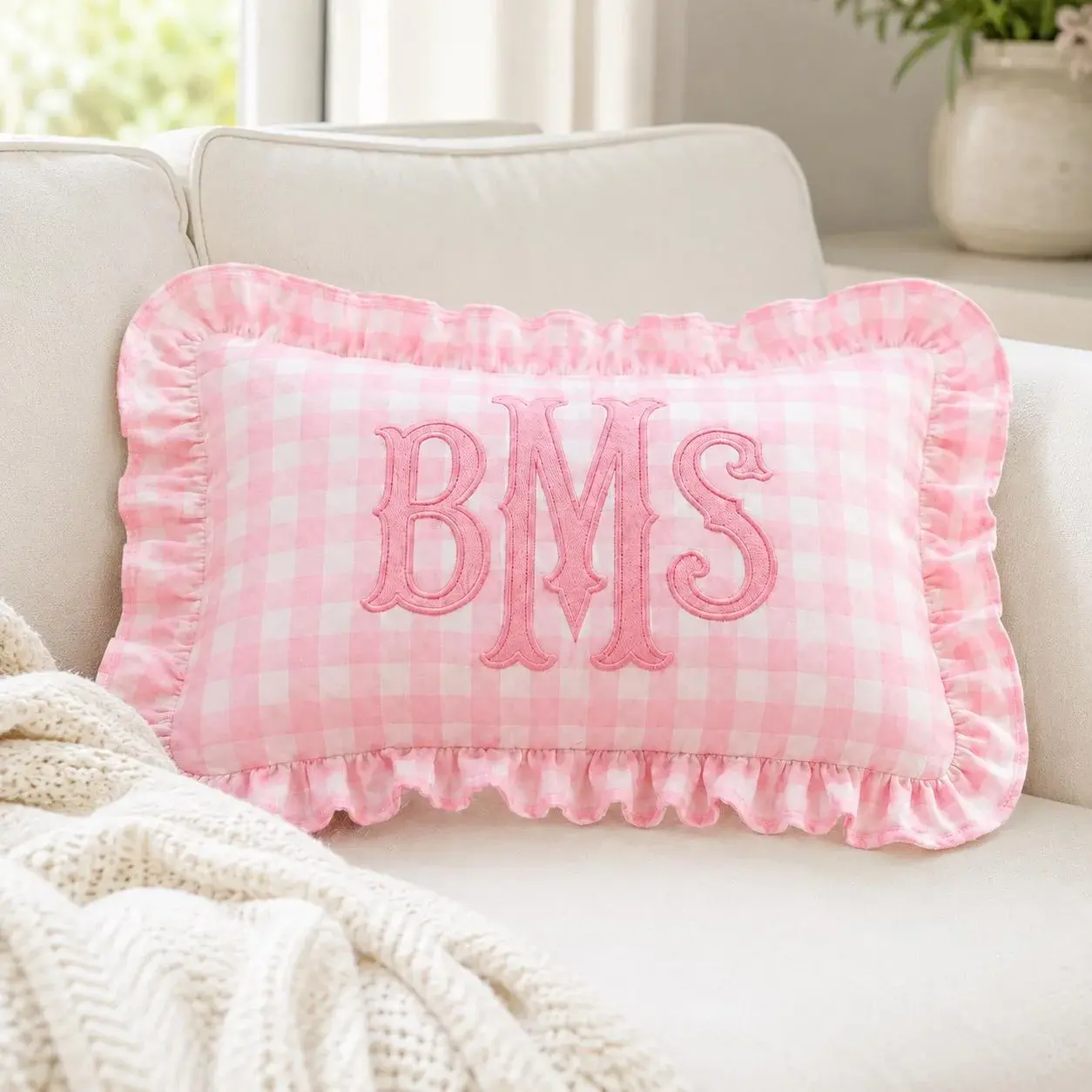 Gingham Monogram Pillow — Ruffled, With Their Initials