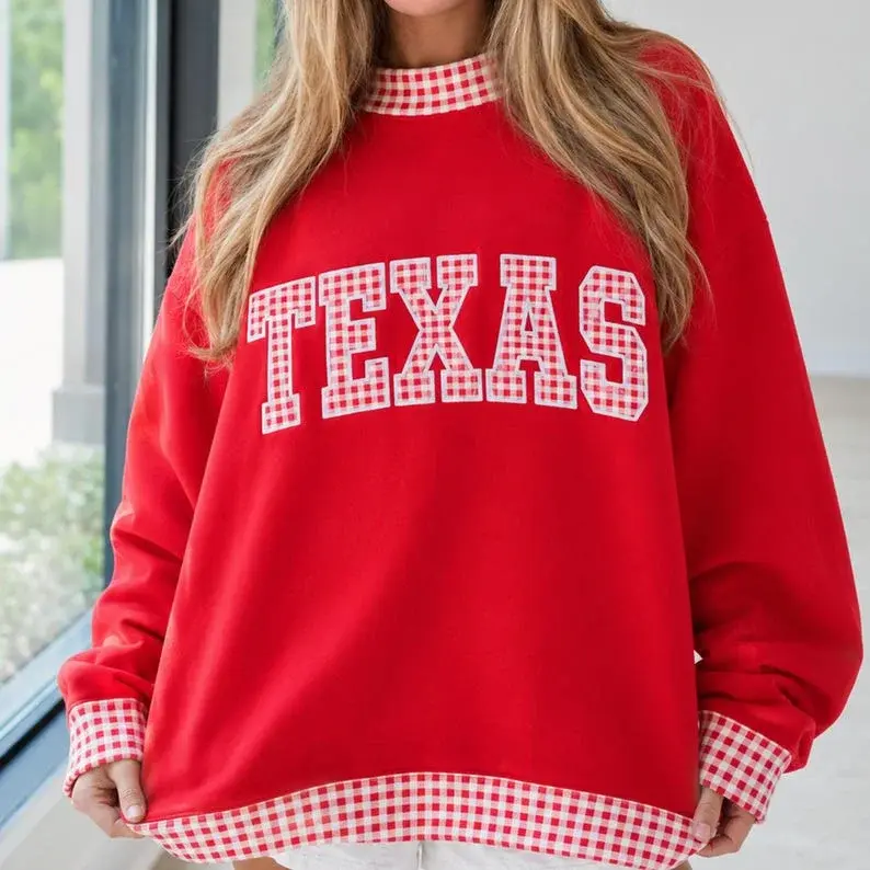 Home State Varsity Mockneck — Gingham Letters, Name Underneath