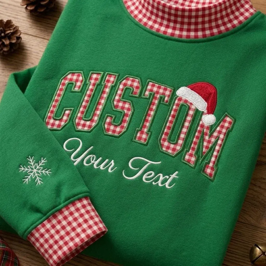 Christmas Custom Text Mockneck — Any Word in Gingham Letters, Santa Hat on Top