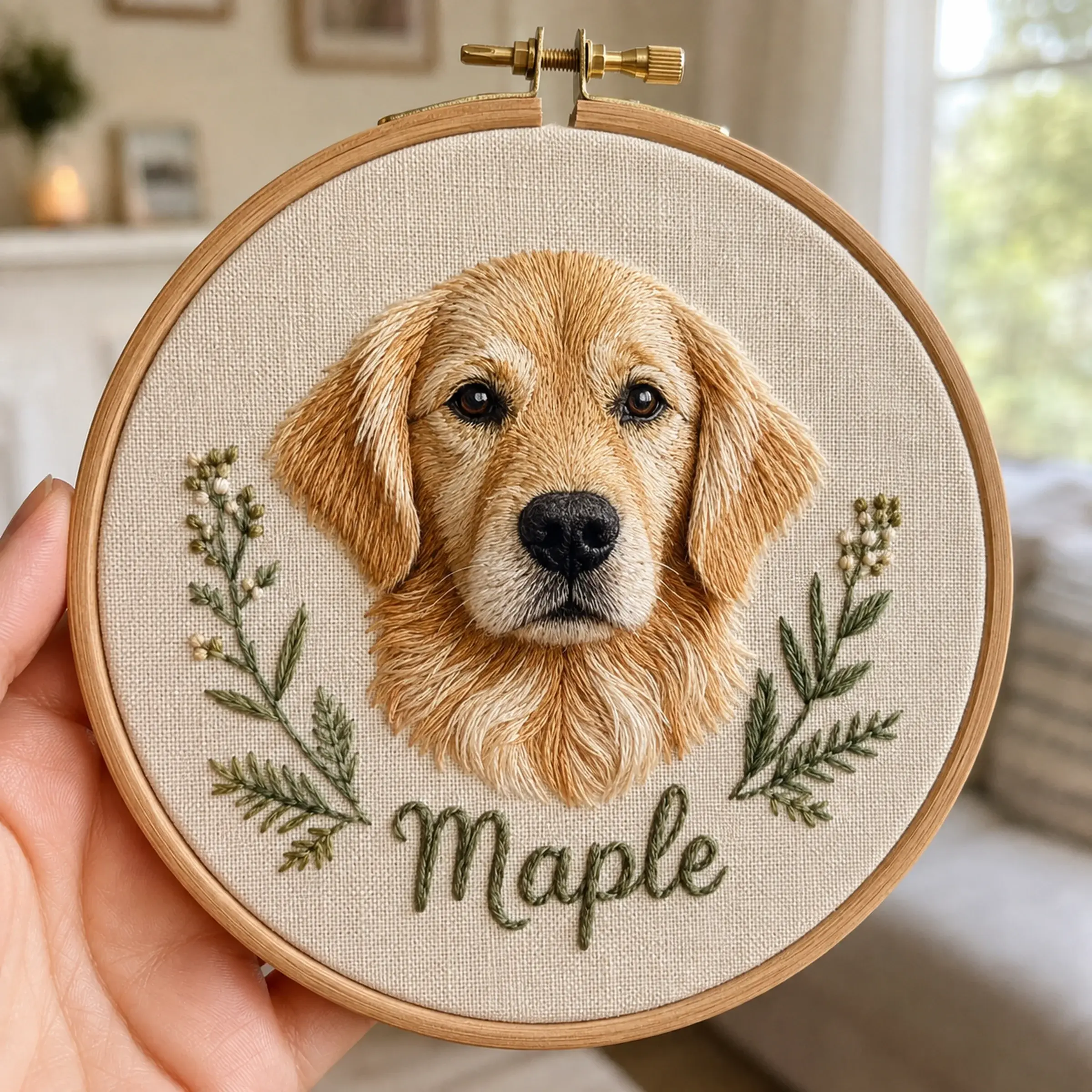 Pet Name Hoop — Their Name, Stitched Beside a Little Portrait
