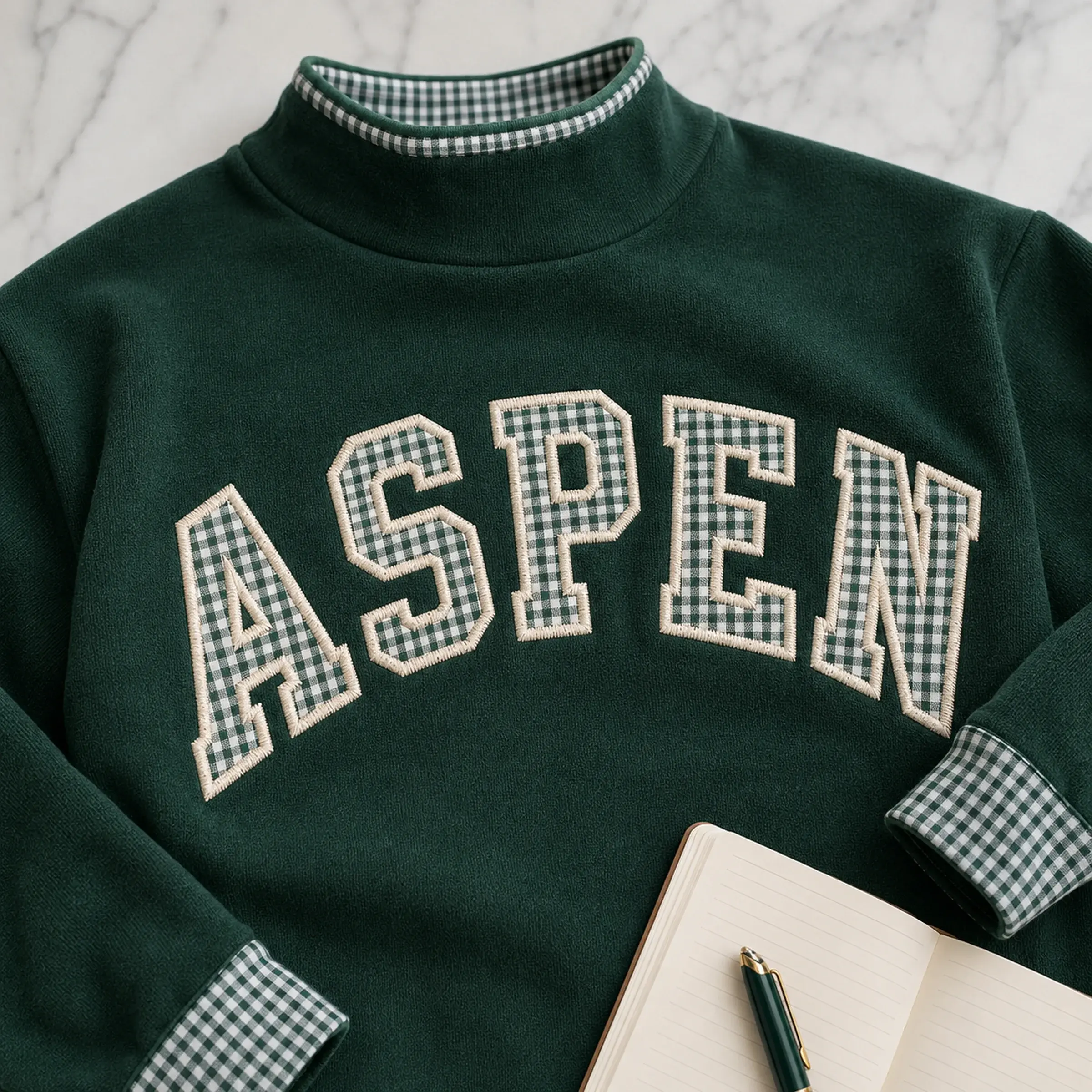 Hometown Varsity Mockneck — Your Town in Gingham Letters