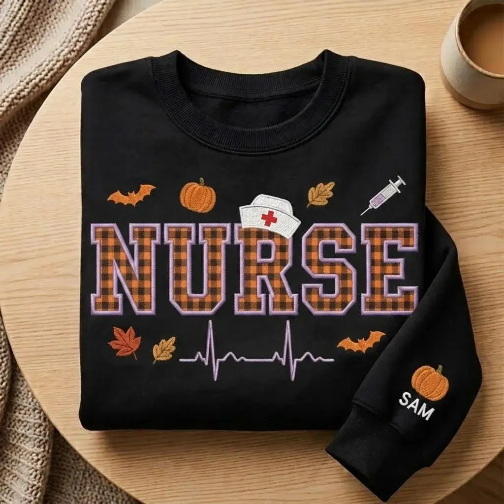 Nurse Crewneck — Plaid Appliqué Letters, Their Name on the Sleeve