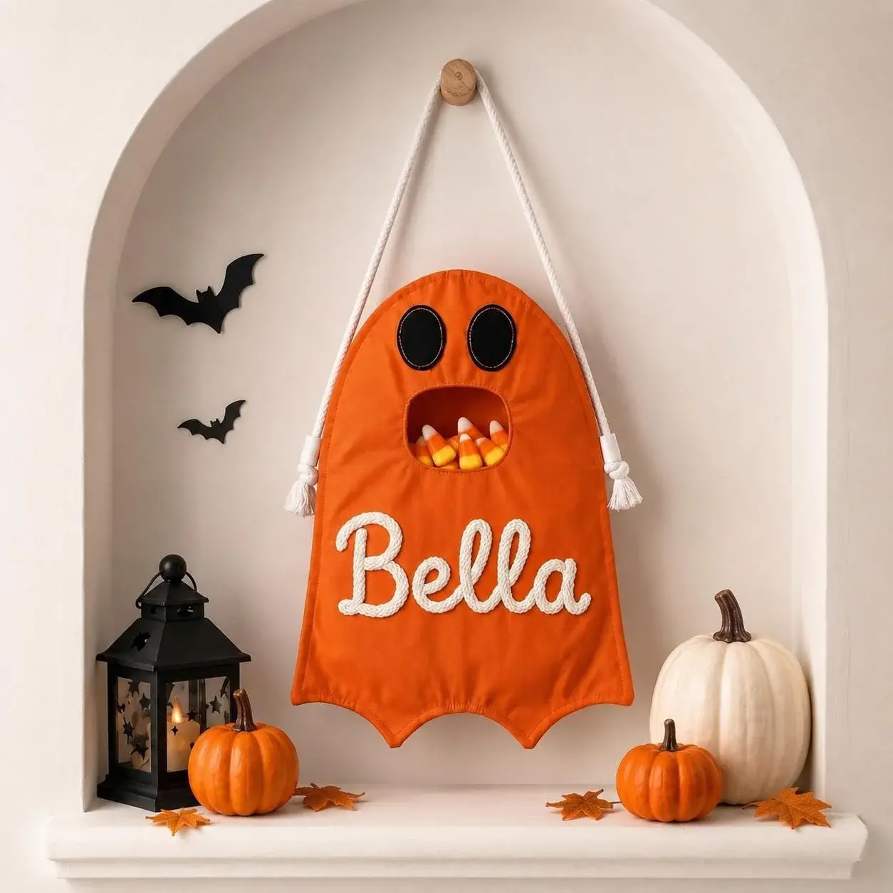 Ghost Treat Bag — Their Name in Chunky Yarn, Ready for the Door