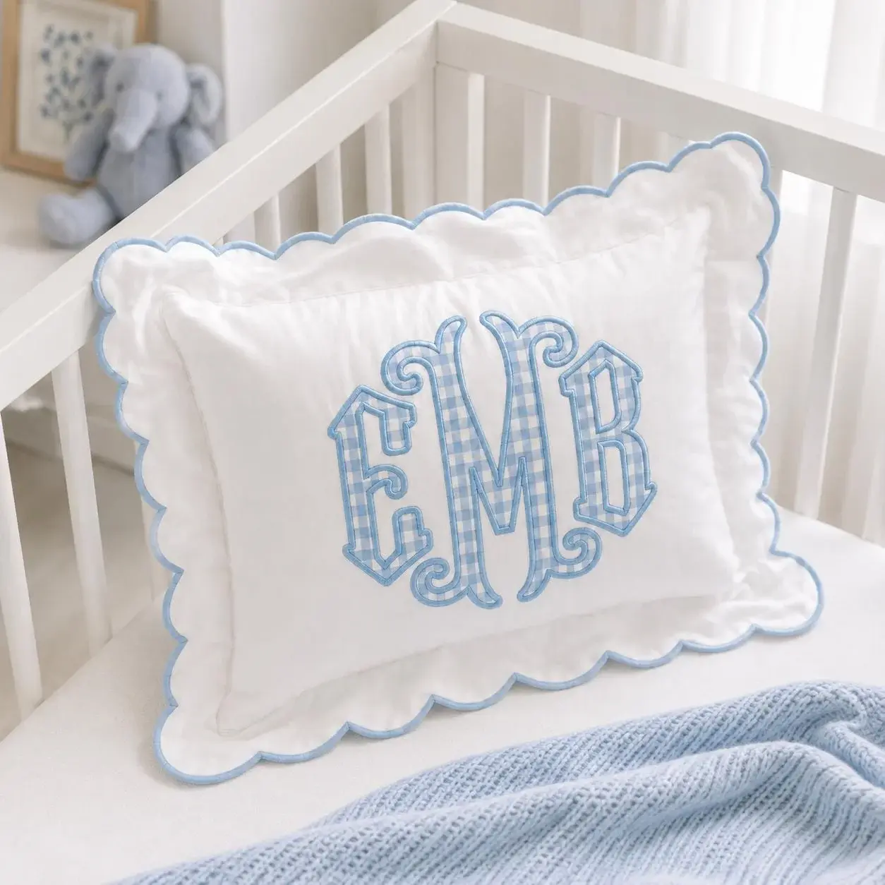 Scalloped Monogram Pillow — Gingham Initials, Coloured Edge