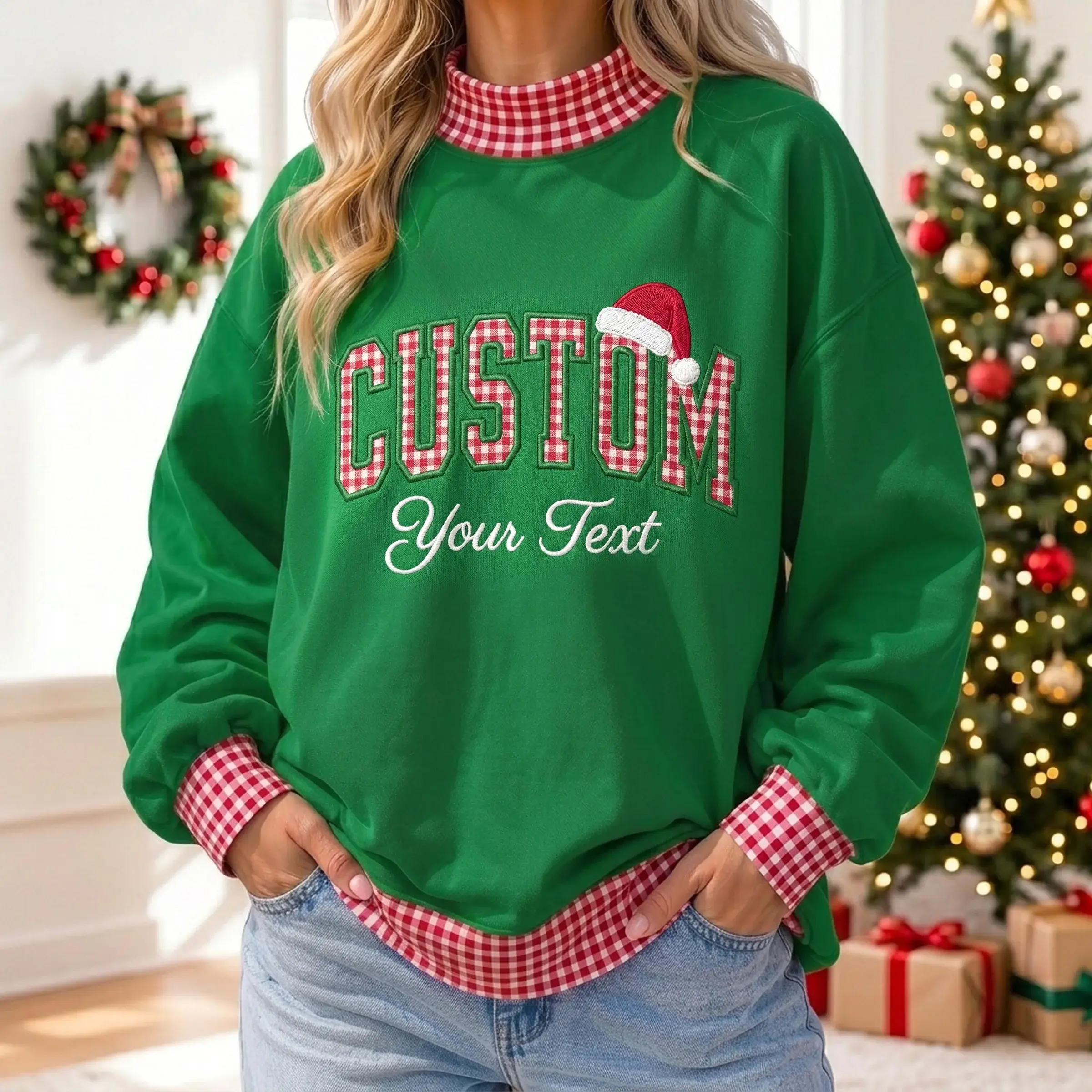 Christmas Custom Text Mockneck — Any Word in Gingham Letters, Santa Hat on Top