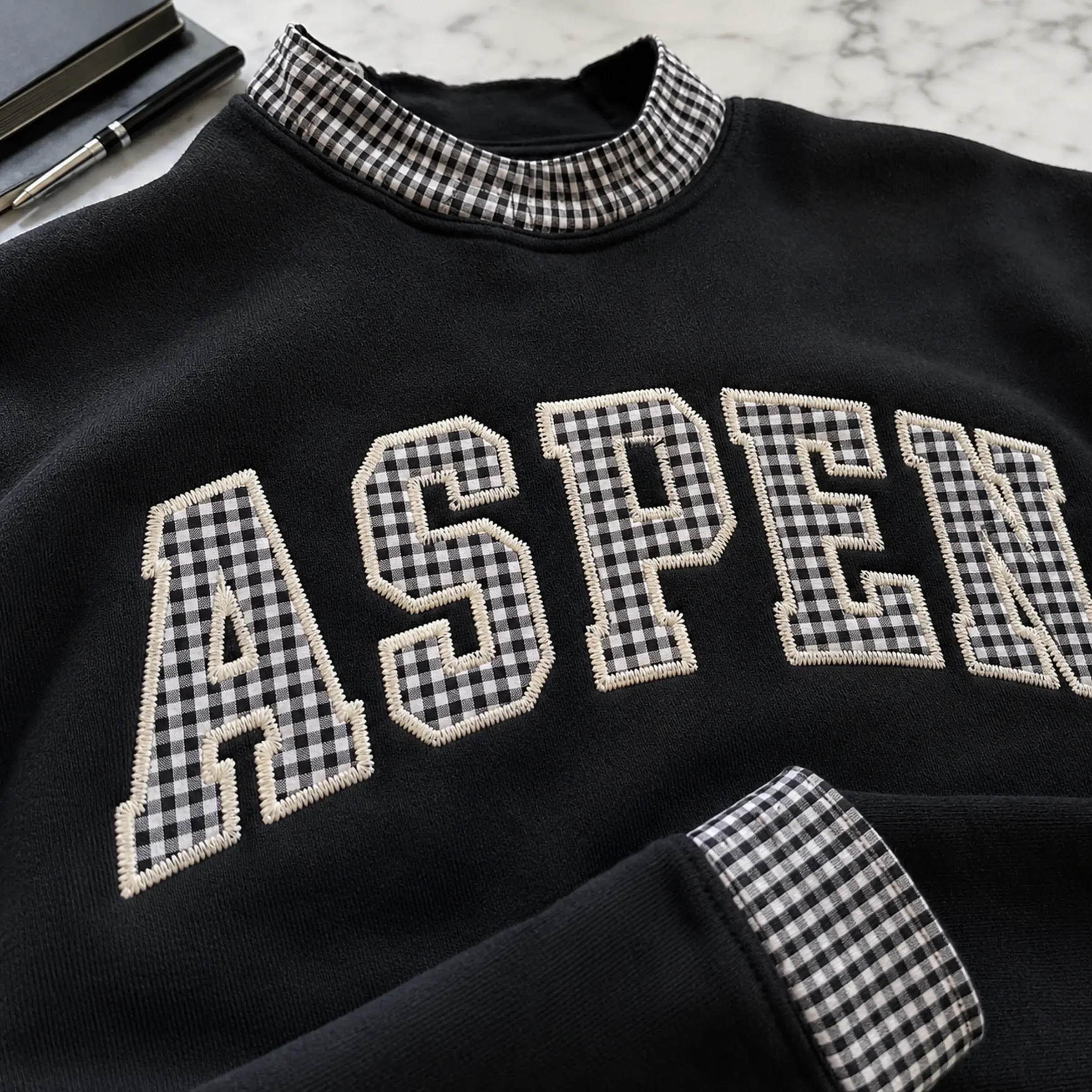 Hometown Varsity Mockneck — Your Town in Gingham Letters