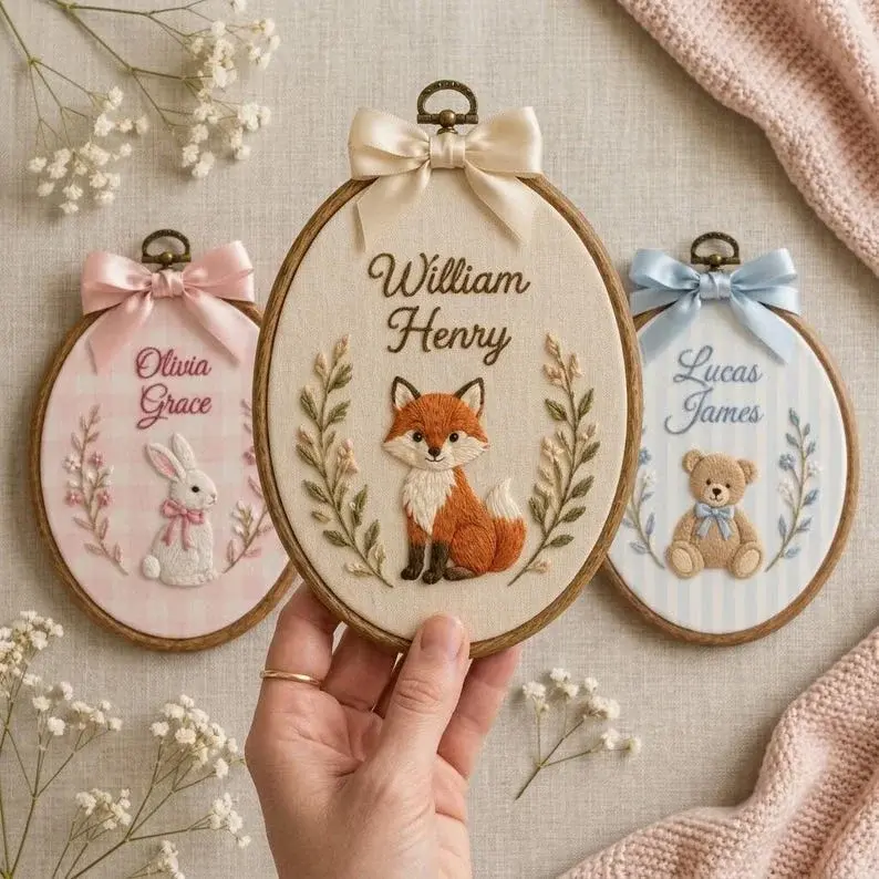 Woodland Fox Name Hoop — Their Name, a Fox, a Wreath of Ferns