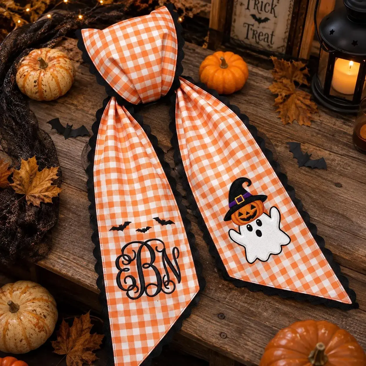 Boo Wreath Sash — Gingham, With Your Monogram