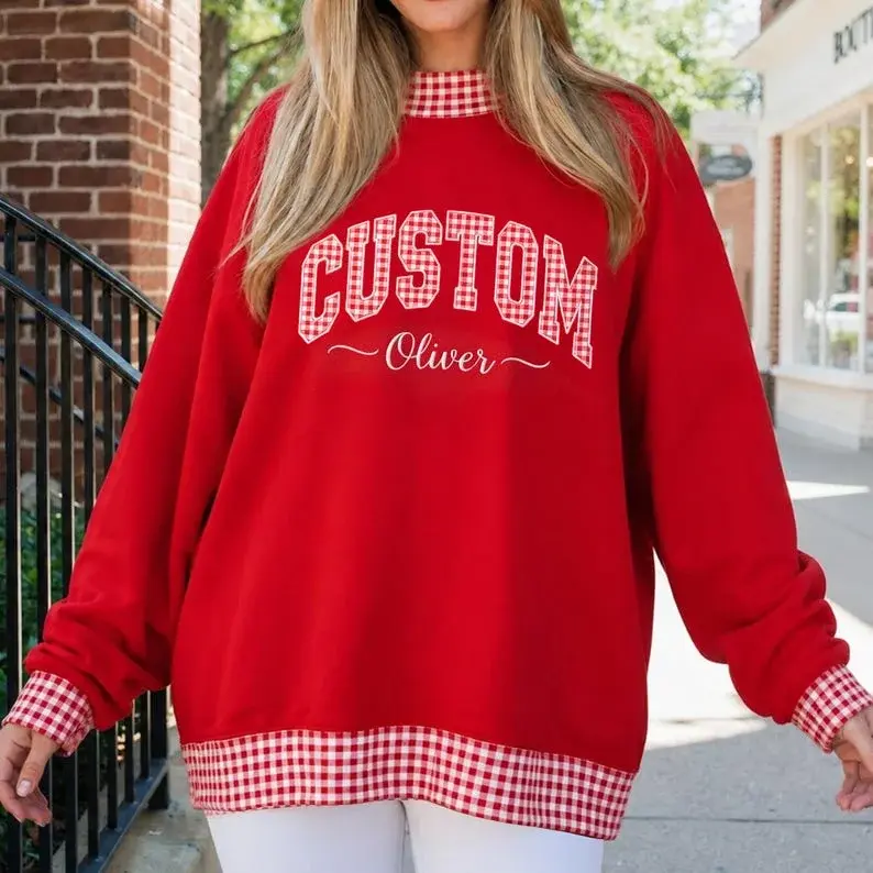 Home State Varsity Mockneck — Gingham Letters, Name Underneath