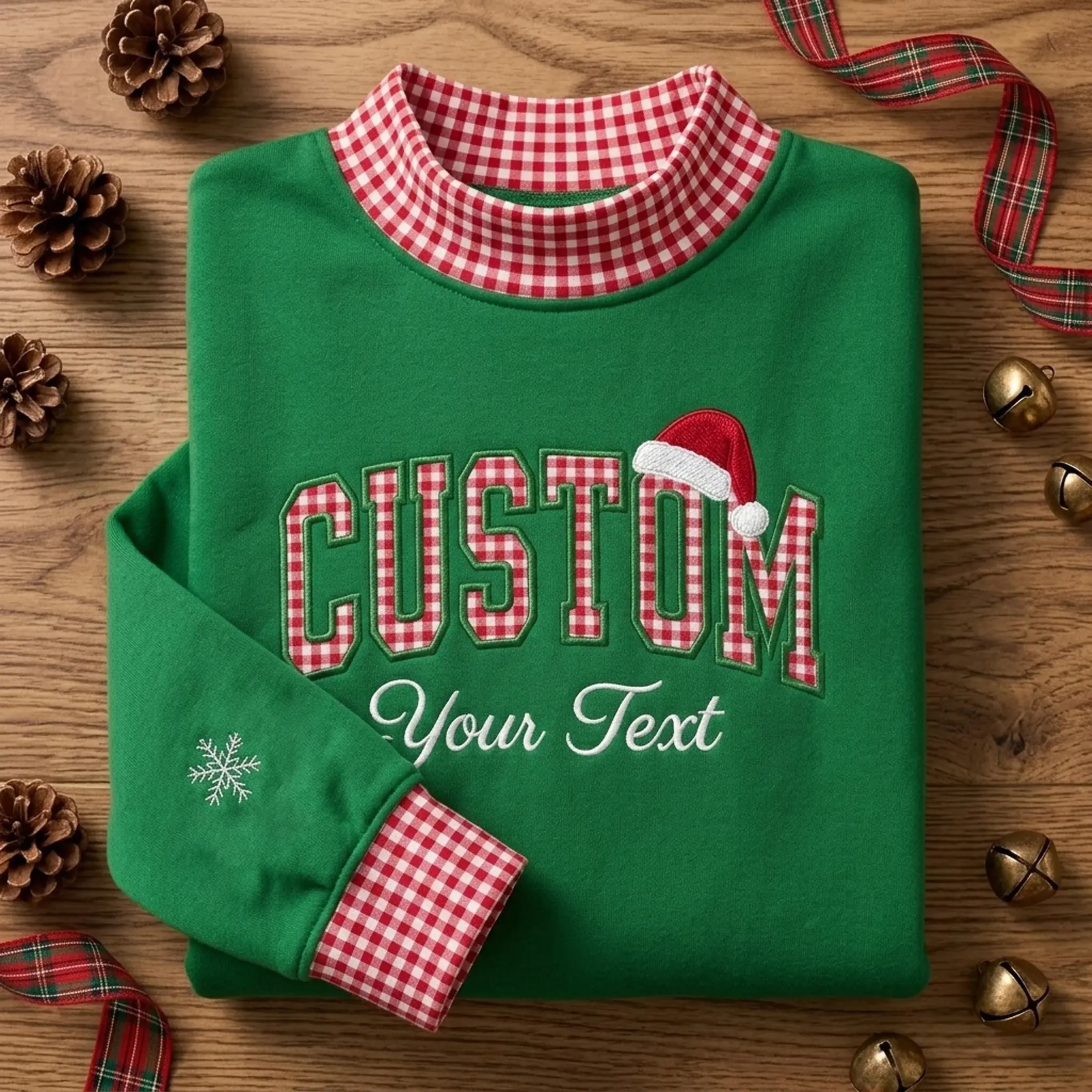 Christmas Custom Text Mockneck — Any Word in Gingham Letters, Santa Hat on Top