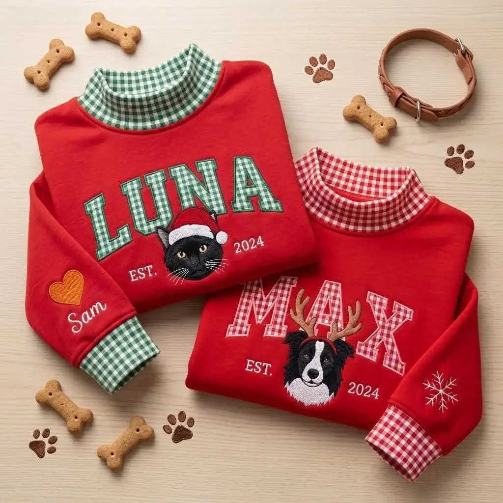 Christmas Pet Portrait Mockneck — Their Name, Their Face in a Santa Hat