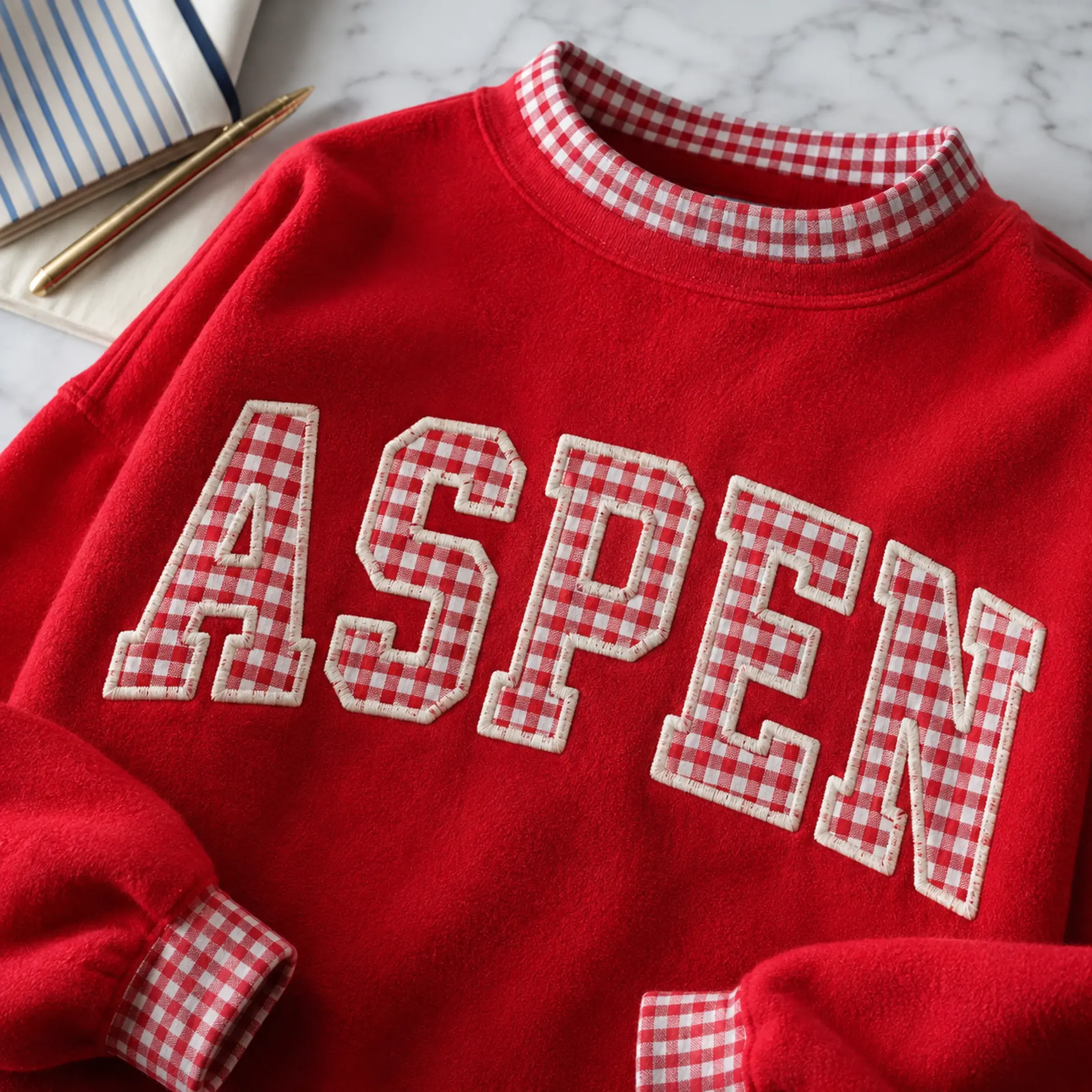 Hometown Varsity Mockneck — Your Town in Gingham Letters