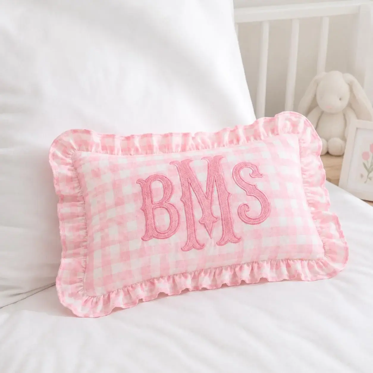 Gingham Monogram Pillow — Ruffled, With Their Initials