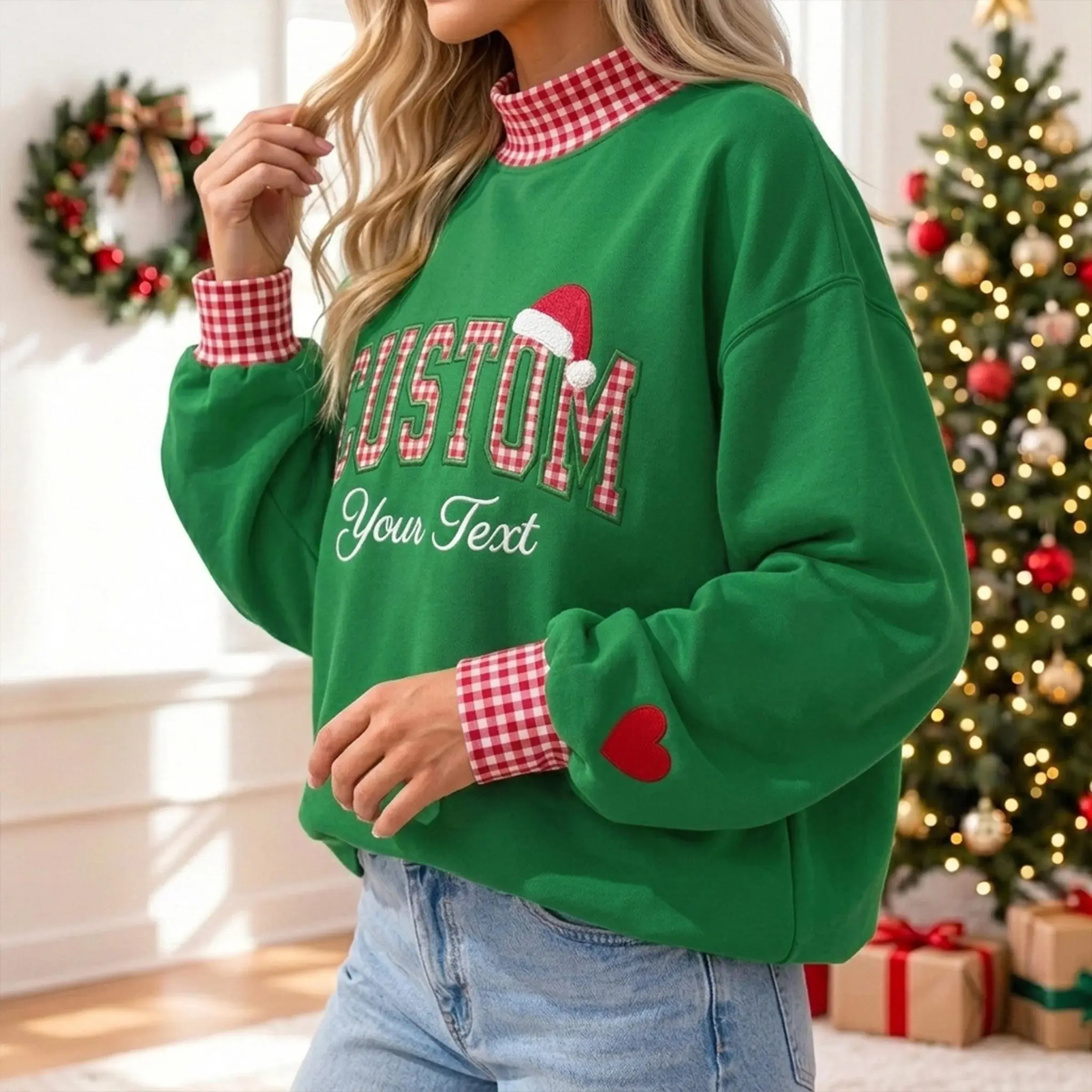 Christmas Custom Text Mockneck — Any Word in Gingham Letters, Santa Hat on Top