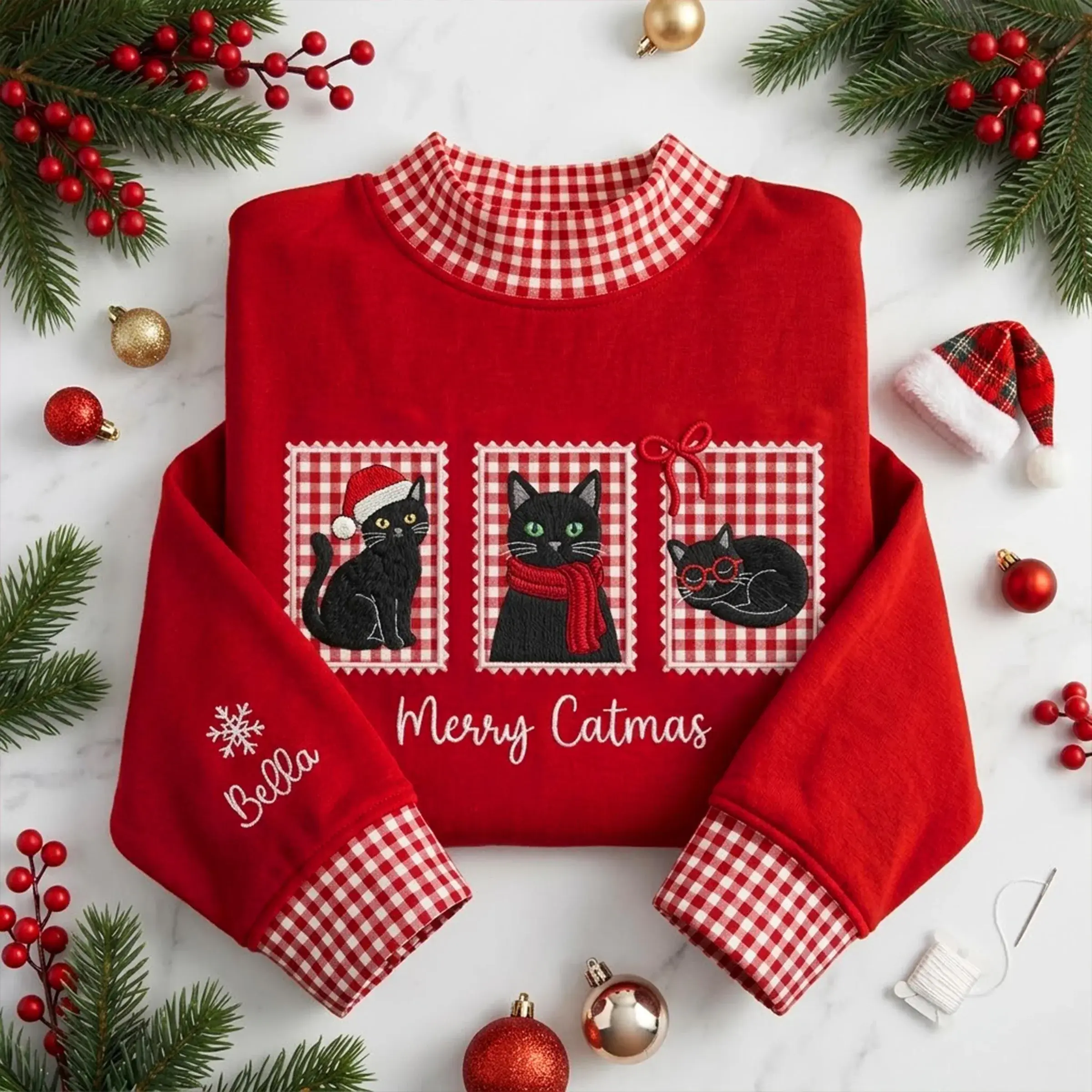 Merry Catmas Mockneck — Three Stitched Cats, Their Name on the Sleeve