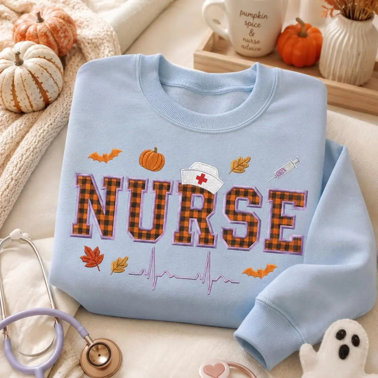 Nurse Crewneck — Plaid Appliqué Letters, Their Name on the Sleeve