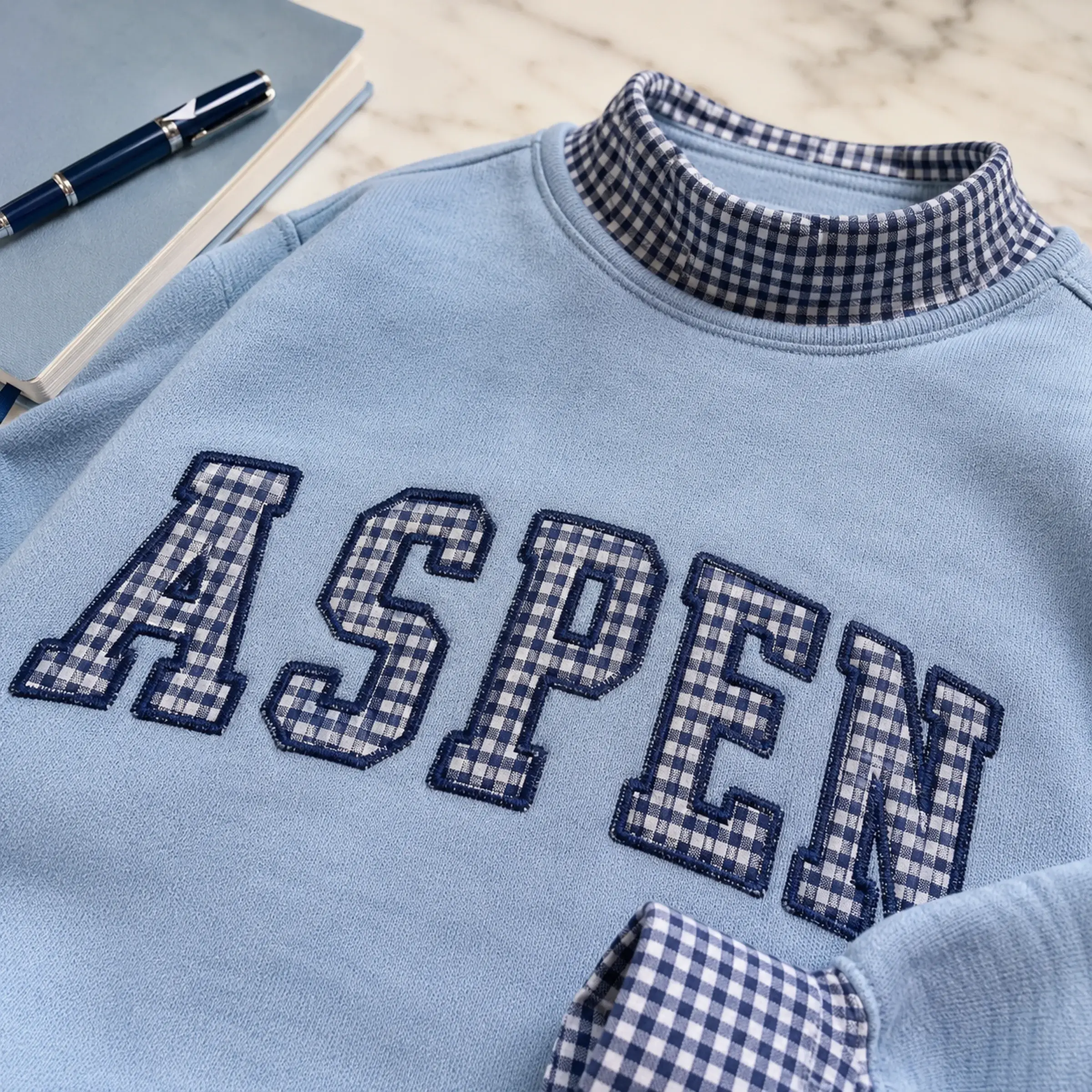 Hometown Varsity Mockneck — Your Town in Gingham Letters
