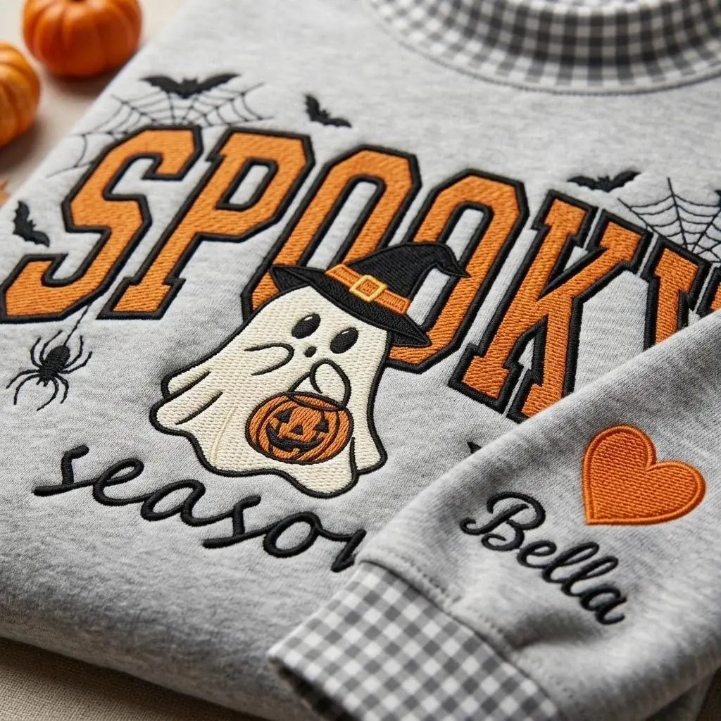 Spooky Season Mockneck — Ghost Appliqué, Their Name on the Sleeve