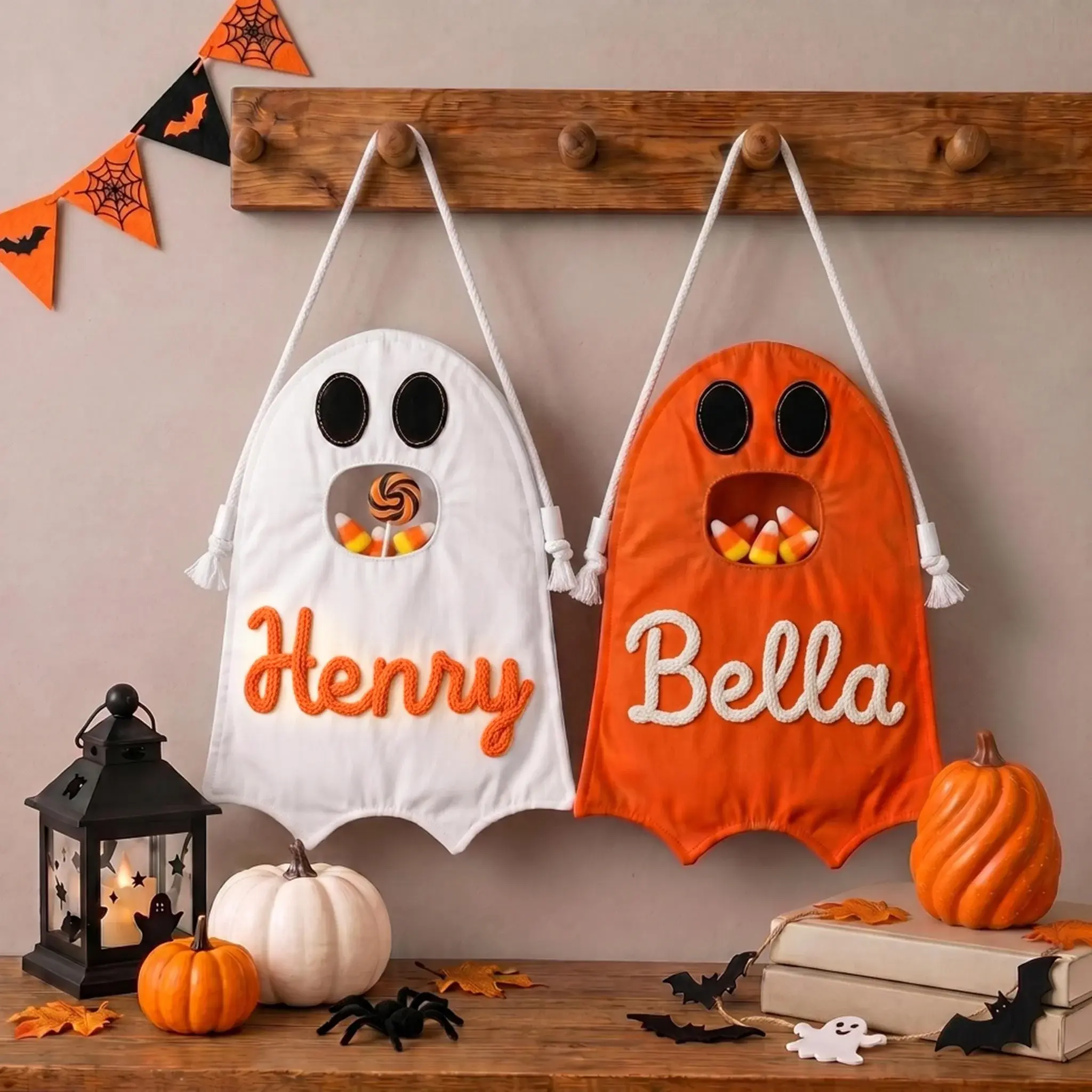 Ghost Treat Bag — Their Name in Chunky Yarn, Ready for the Door